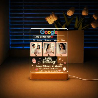 Personalized Google Page Theme Birthday Gift for Wife, Soulmate, Fiancée & Better Half – Warm Light Bedside Table Lamp with Wooden Stand Anniversary, Birthday & Valentine’s Day Gift